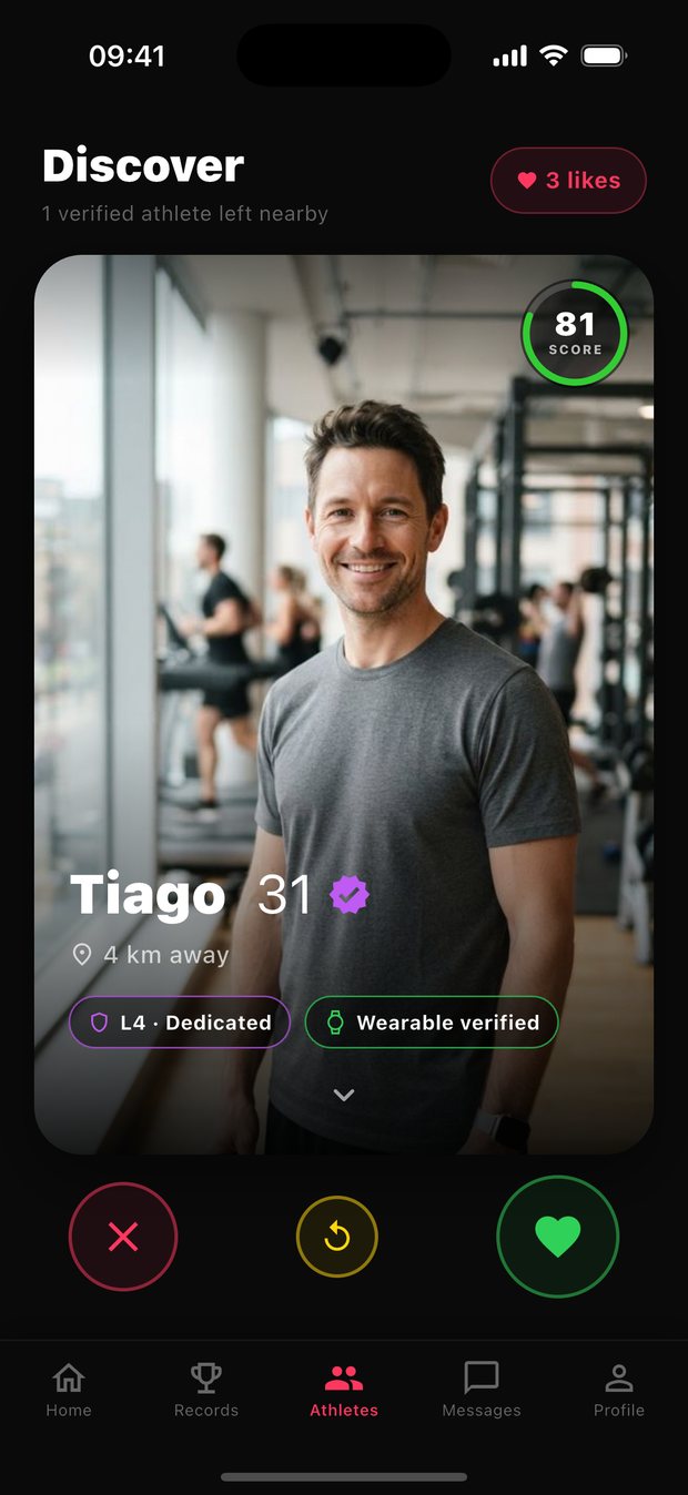 Gritvit match deck showing Tiago, 31, wearable verified