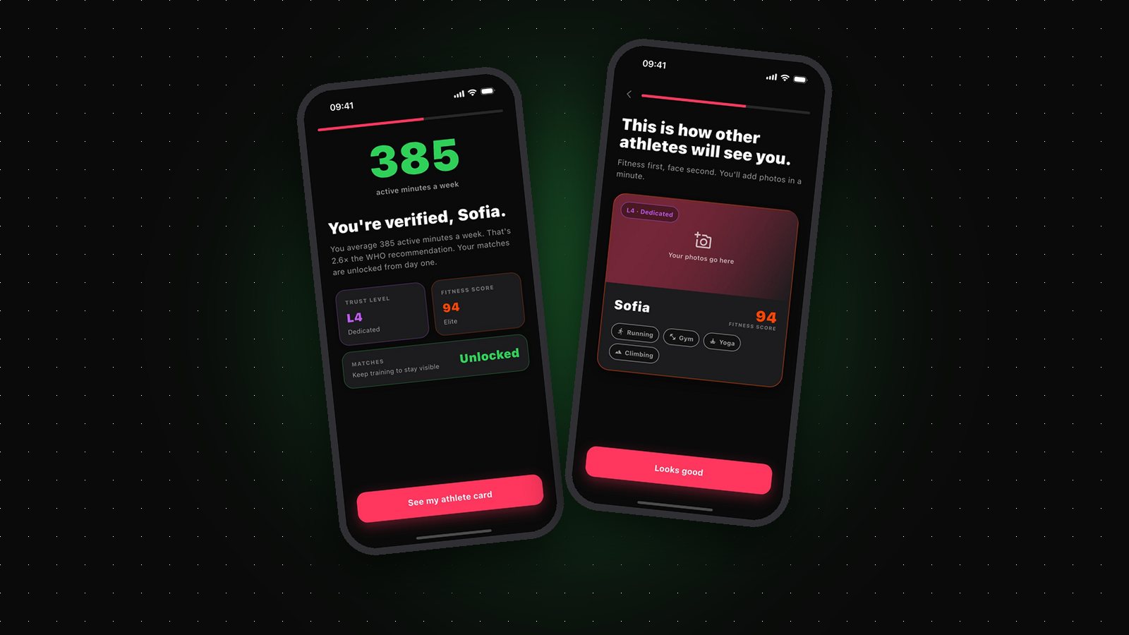 Gritvit screens showing verified active minutes and a Fitness Score athlete card