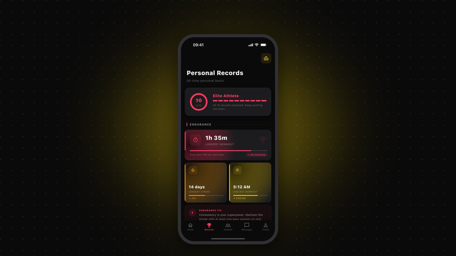 Gritvit personal records screen with longest workout, streak and earliest session