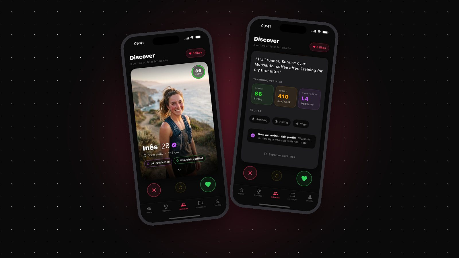 Gritvit match deck and a verified profile with Fitness Score, active minutes and Trust Level