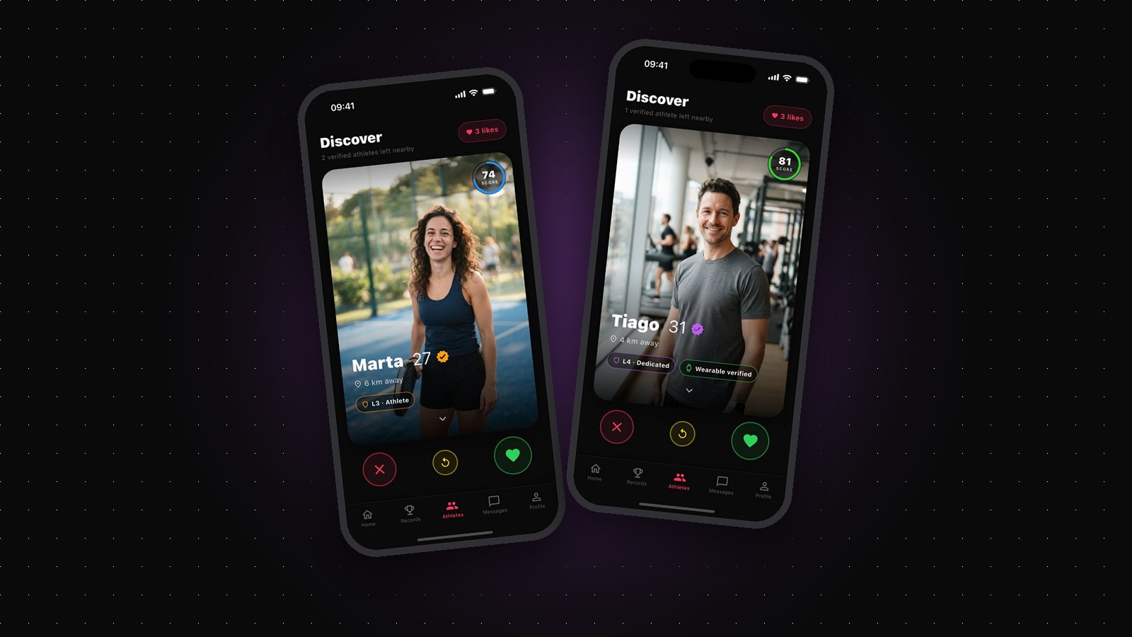 Gritvit match cards showing L3 Athlete and L4 Dedicated Trust Level badges