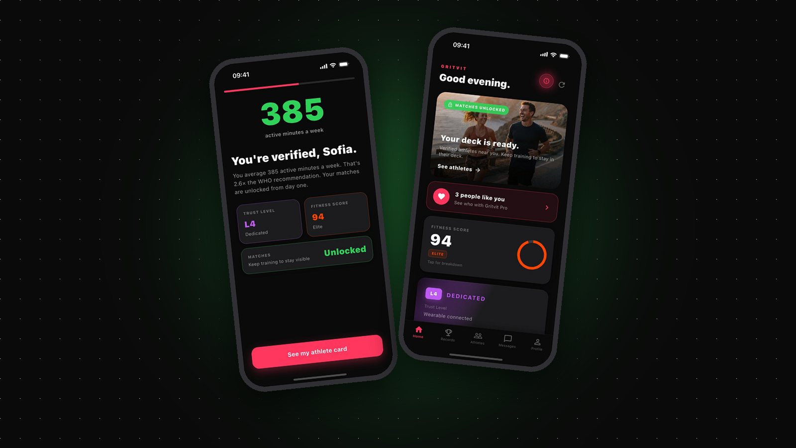 Gritvit screens showing a verified week of training and matches unlocked