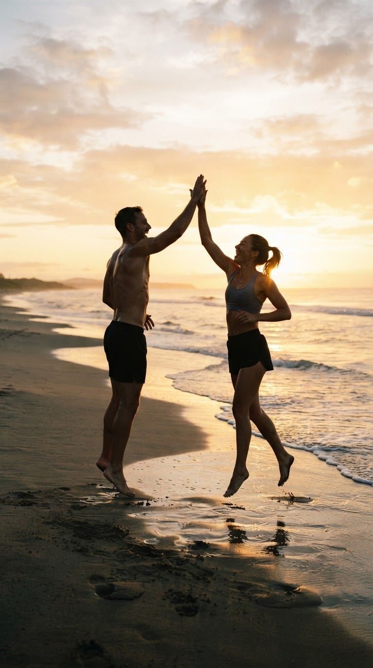 Couple high-fiving on the beach at sunset