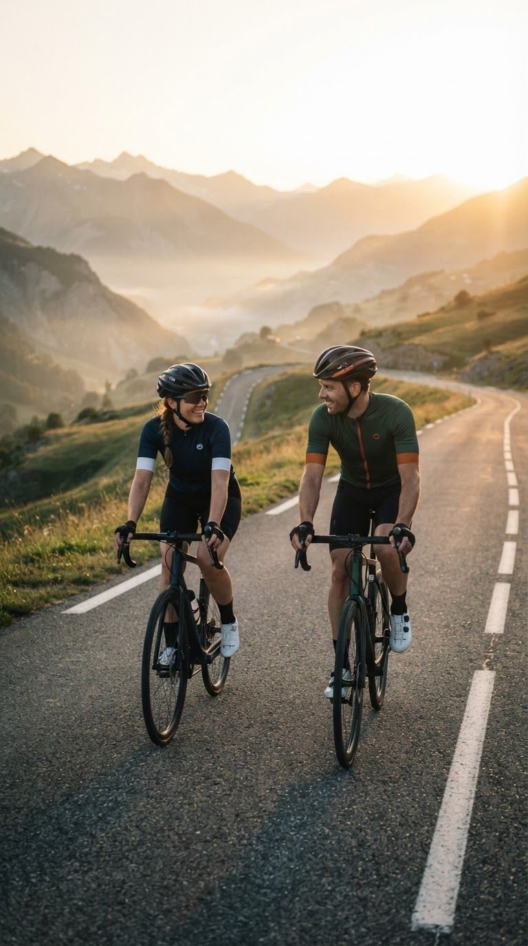 Couple road cycling side by side through the mountains