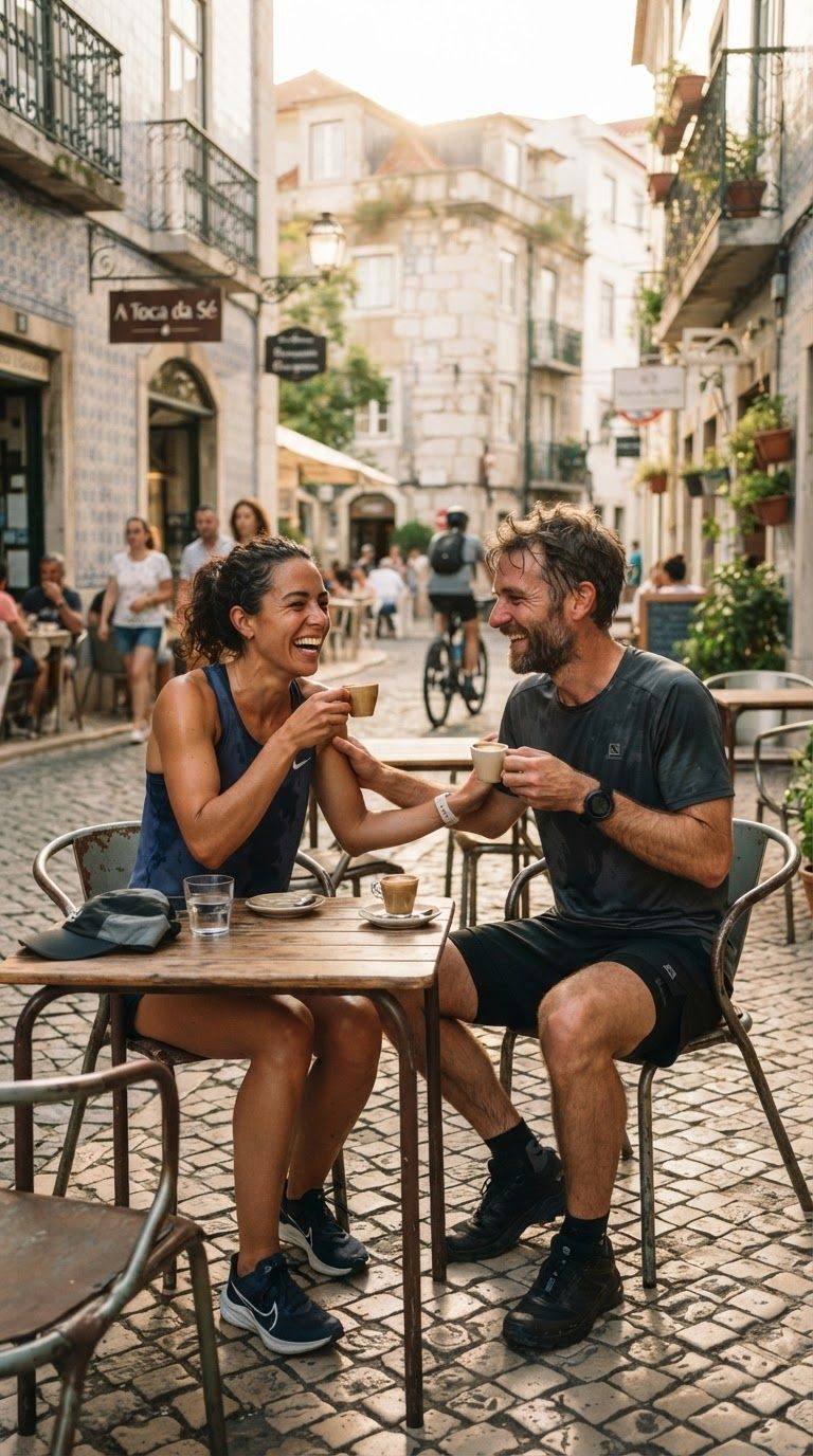 Couple laughing over coffee after a workout