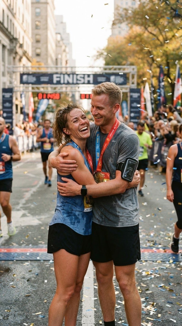 Couple hugging with medals at a race finish line
