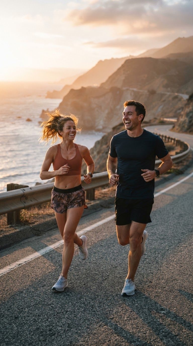 Couple running together along a coastal road at sunrise