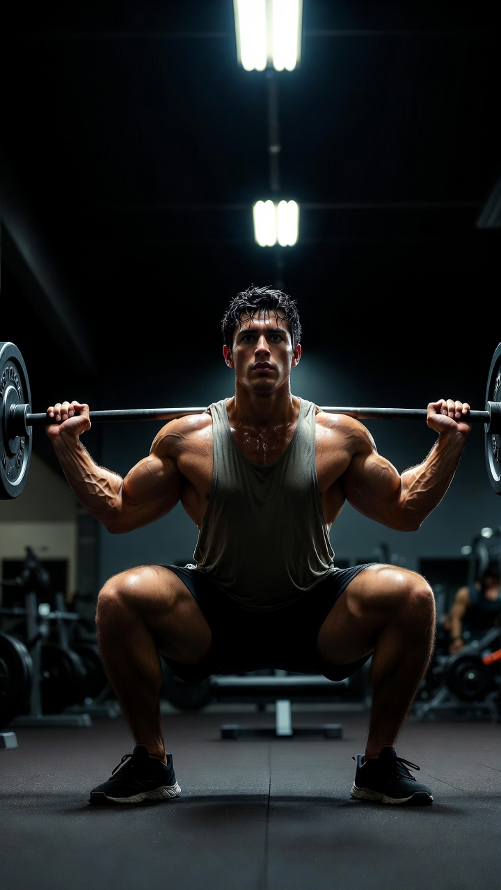 Male athlete squatting heavy in gym